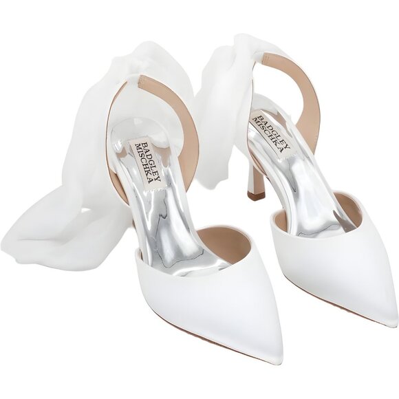 Badgley Mischka Blaze White Satin Bow Bridal Pointed Toe Pumps Women's US 5.5 - Picture 1 of 6